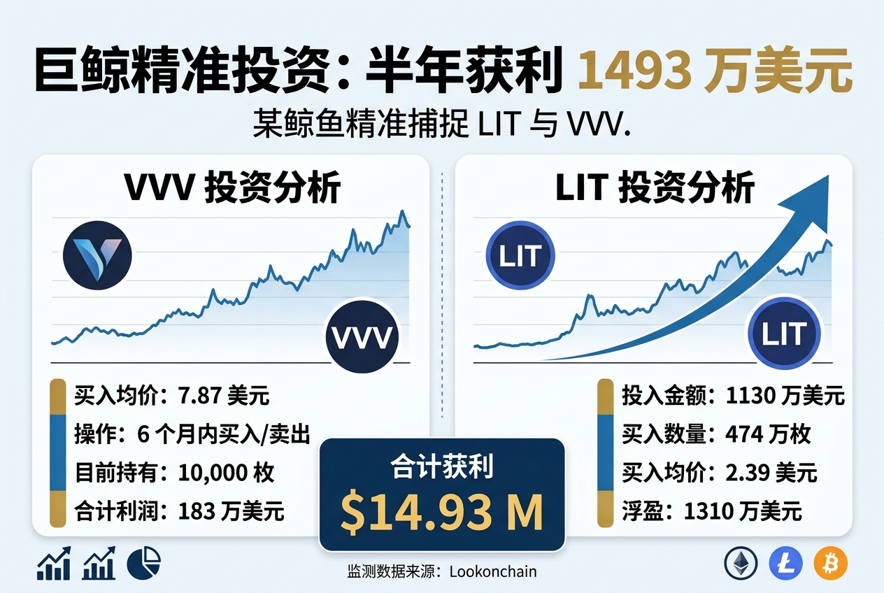 某鲸鱼精准捕捉 LIT 与 VVV,半年获利 1493 万美元