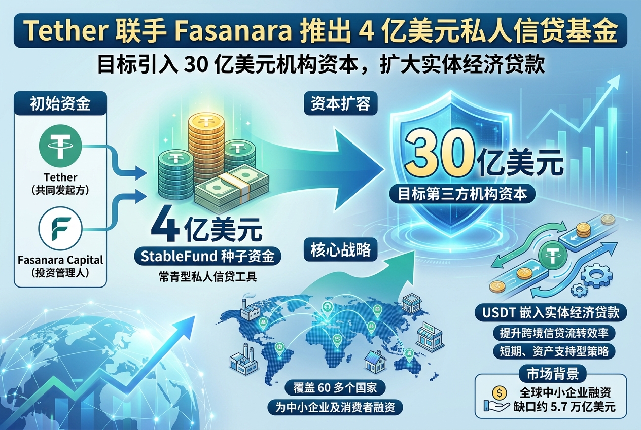 Tether 与 Fasanara 推出 4 亿美元私人信贷基金,目标引入 30 亿美元机构资本