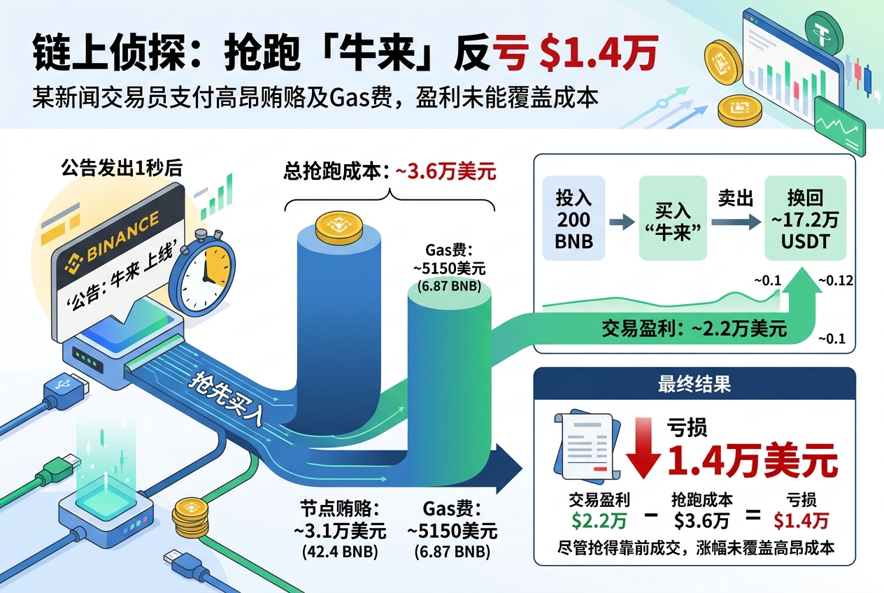 链上侦探|某新闻交易员支付3.6万美元节点贿赂及Gas费抢跑买入「牛来」,最终反亏1.4万美元