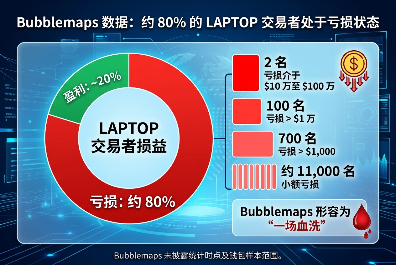Bubblemaps:约 80% 的 LAPTOP 交易者处于亏损状态