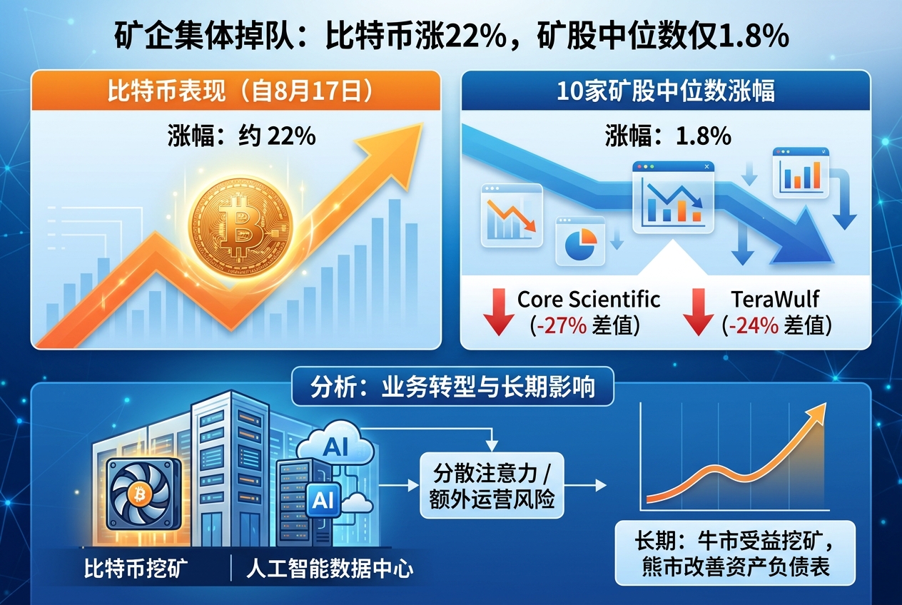 矿企集体掉队:比特币本轮上涨约22%,10家矿股中位数仅涨1.8%