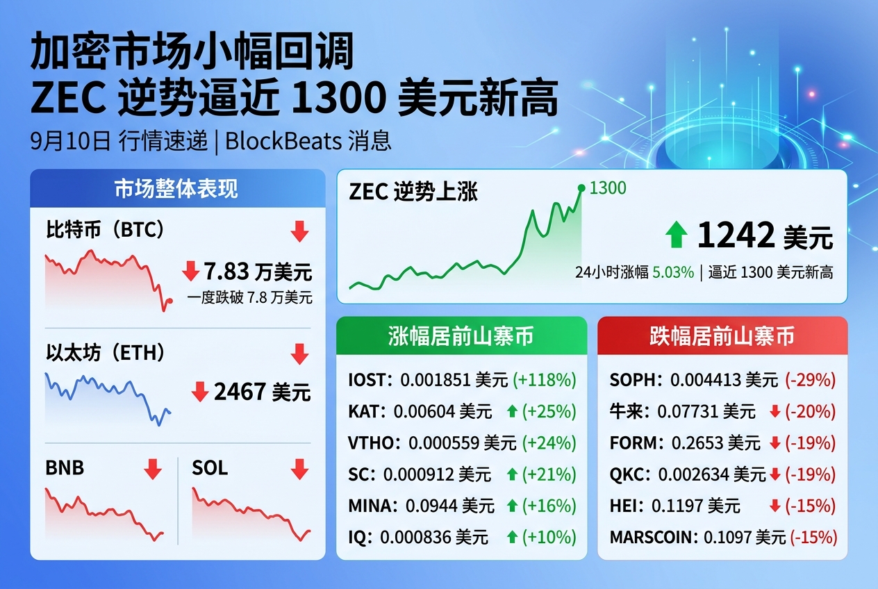 加密市场小幅回调,ZEC 逆势逼近 1300 美元新高