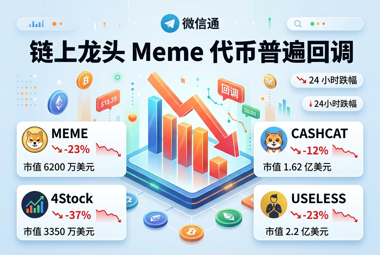链上龙头 Meme 代币普遍回调,MEME、CASHCAT、4Stock、USELESS 全线下跌