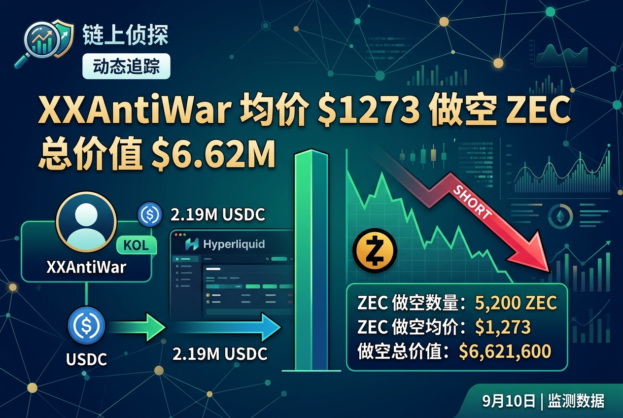 链上侦探|XXAntiWar 均价 1273 美元做空 5200 枚 ZEC,价值 662 万美元