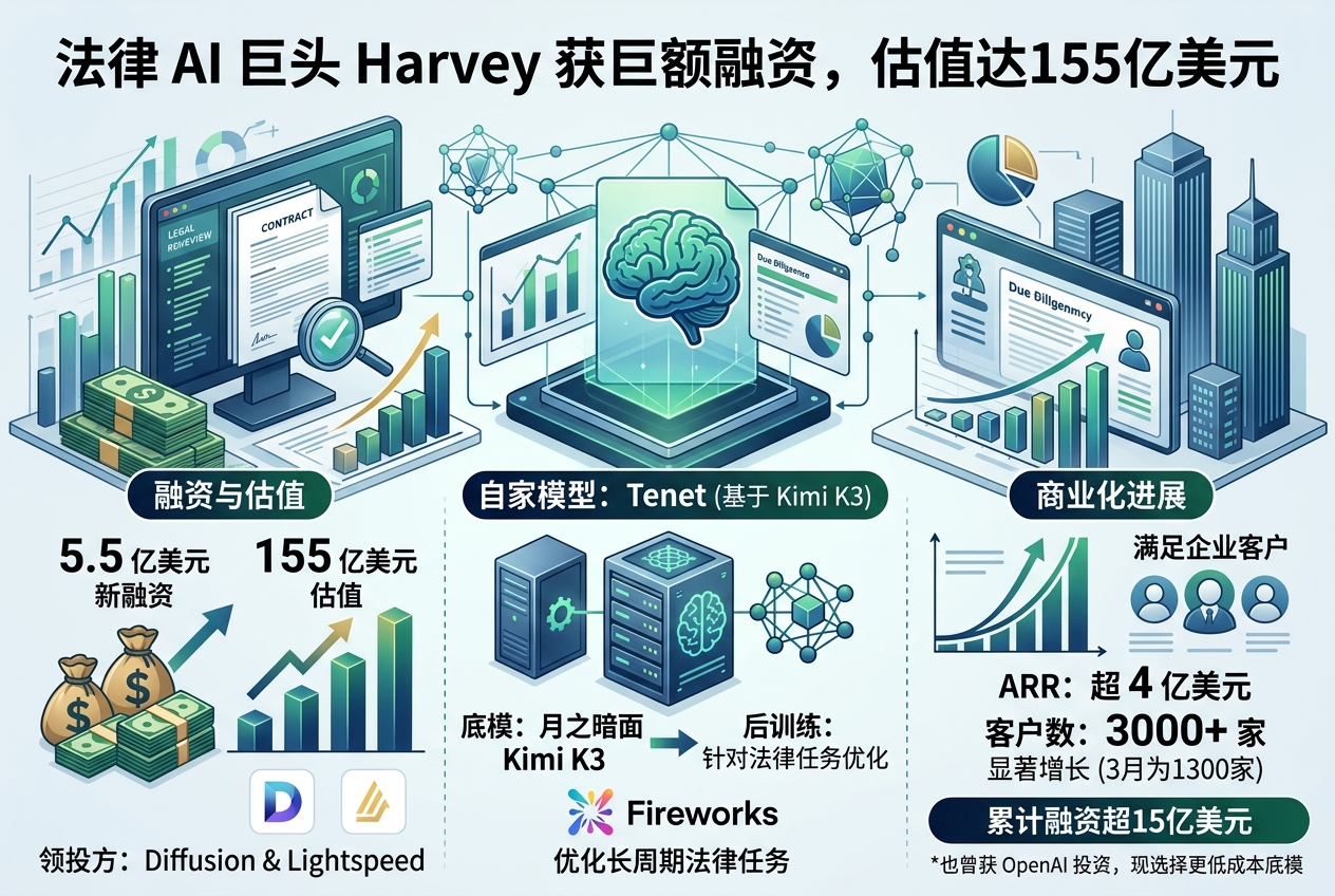 Harvey再融5.5亿美元:估值达155亿美元,首个自家模型基于Kimi K3
