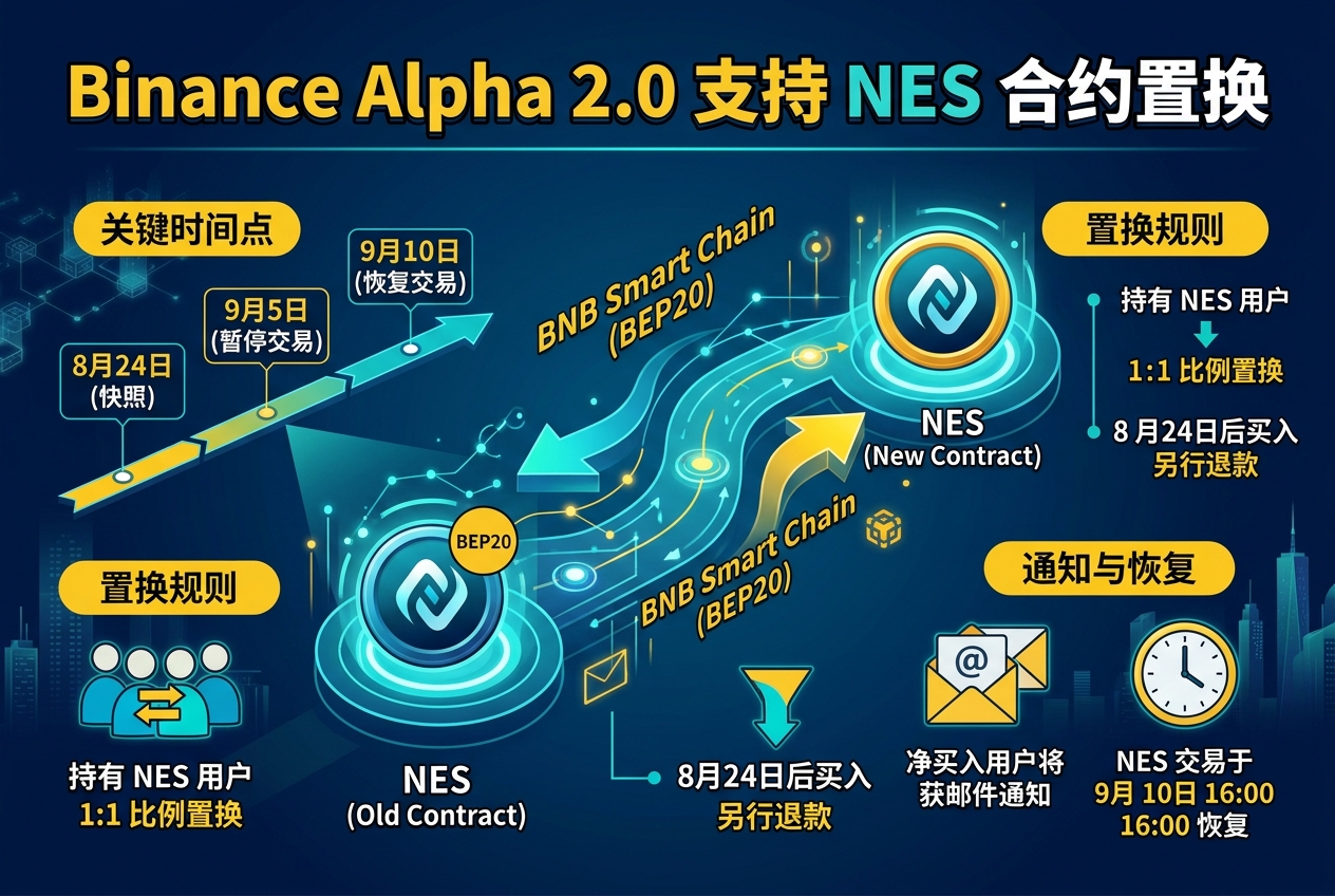 Binance Alpha 2.0 将支持在 BNB Smart Chain（BEP20）上进行 NES 合约置换