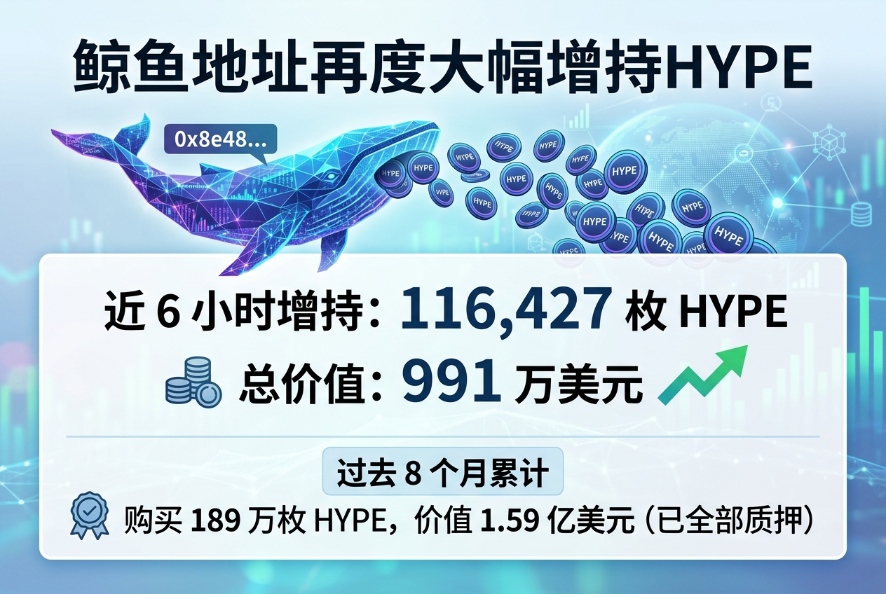 某鲸鱼近6小时再度增持116,427枚HYPE,价值991万美元