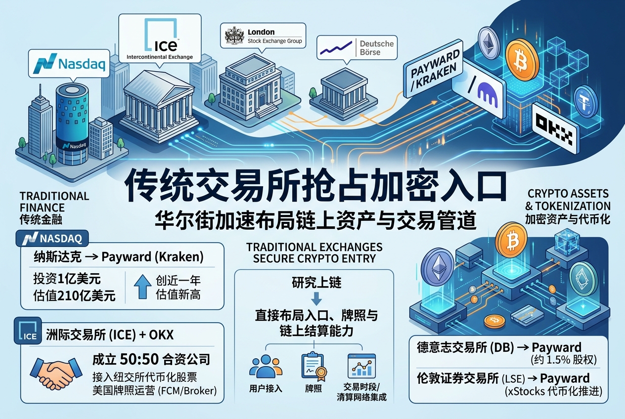 传统交易所抢占加密入口:纳斯达克押注 Kraken,ICE 牵手 OKX