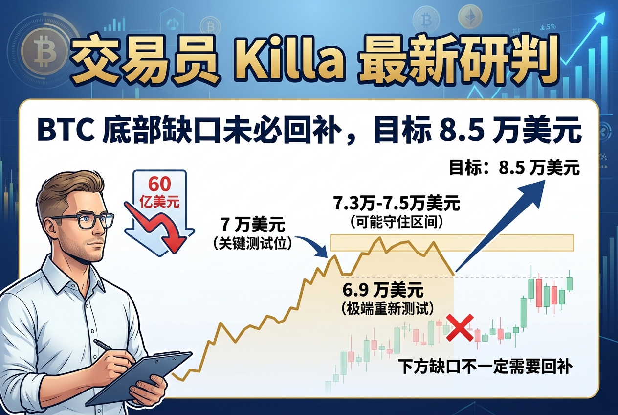 知名交易员 Killa:预计比特币回调最多略低于 7 万美元,底部缺口不一定需要回补
