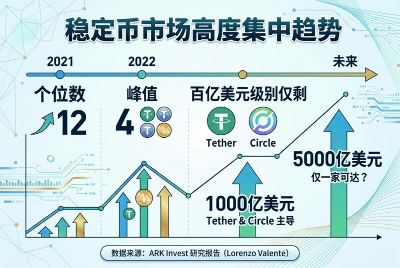 ARK Invest:稳定币市场呈高度集中趋势,百亿美元级别仅剩 Tether 和 Circle 旗下稳定币-指挥使社区 - 真实线索、热点议题与深度观察