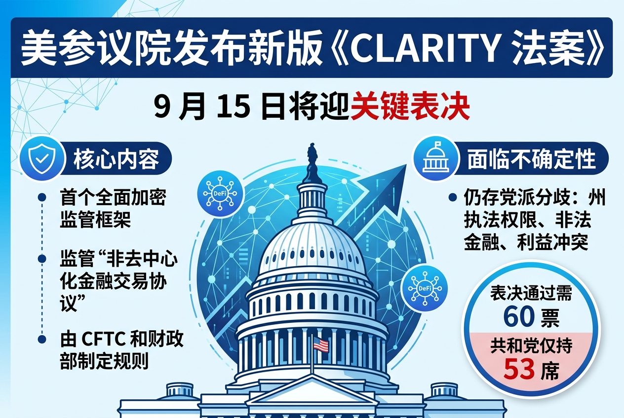 美参议院发布新版《CLARITY 法案》,9 月 15 日将迎关键表决