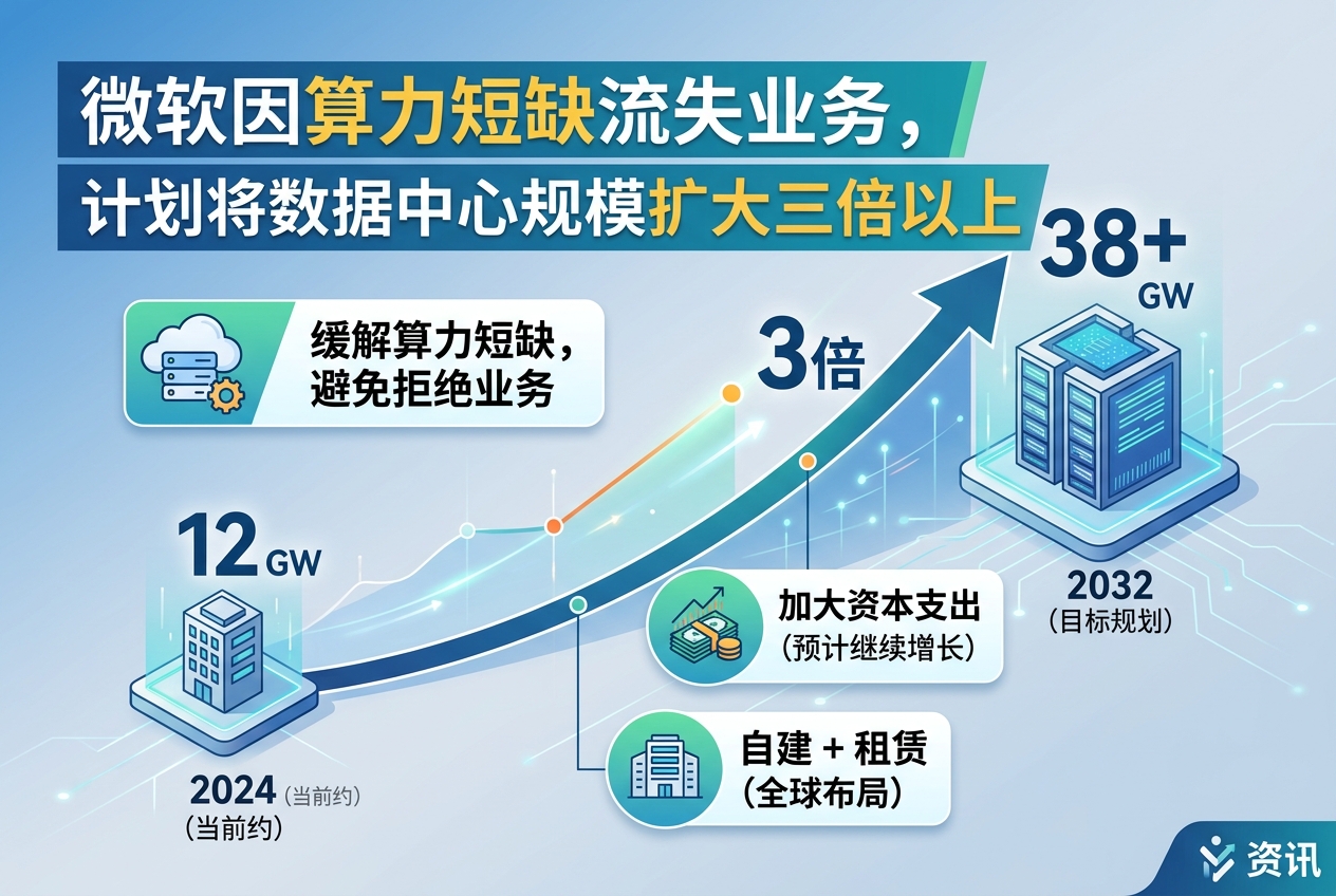 微软因算力短缺流失业务,计划将数据中心规模扩大三倍以上