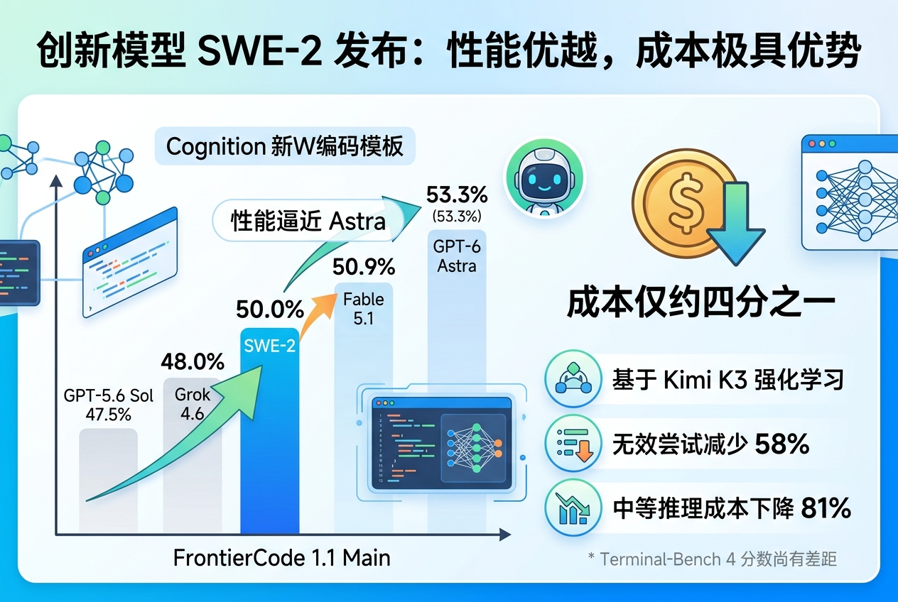 Cognition 基于 Kimi K3 训练 SWE-2：性能逼近 Astra，成本仅约四分之一