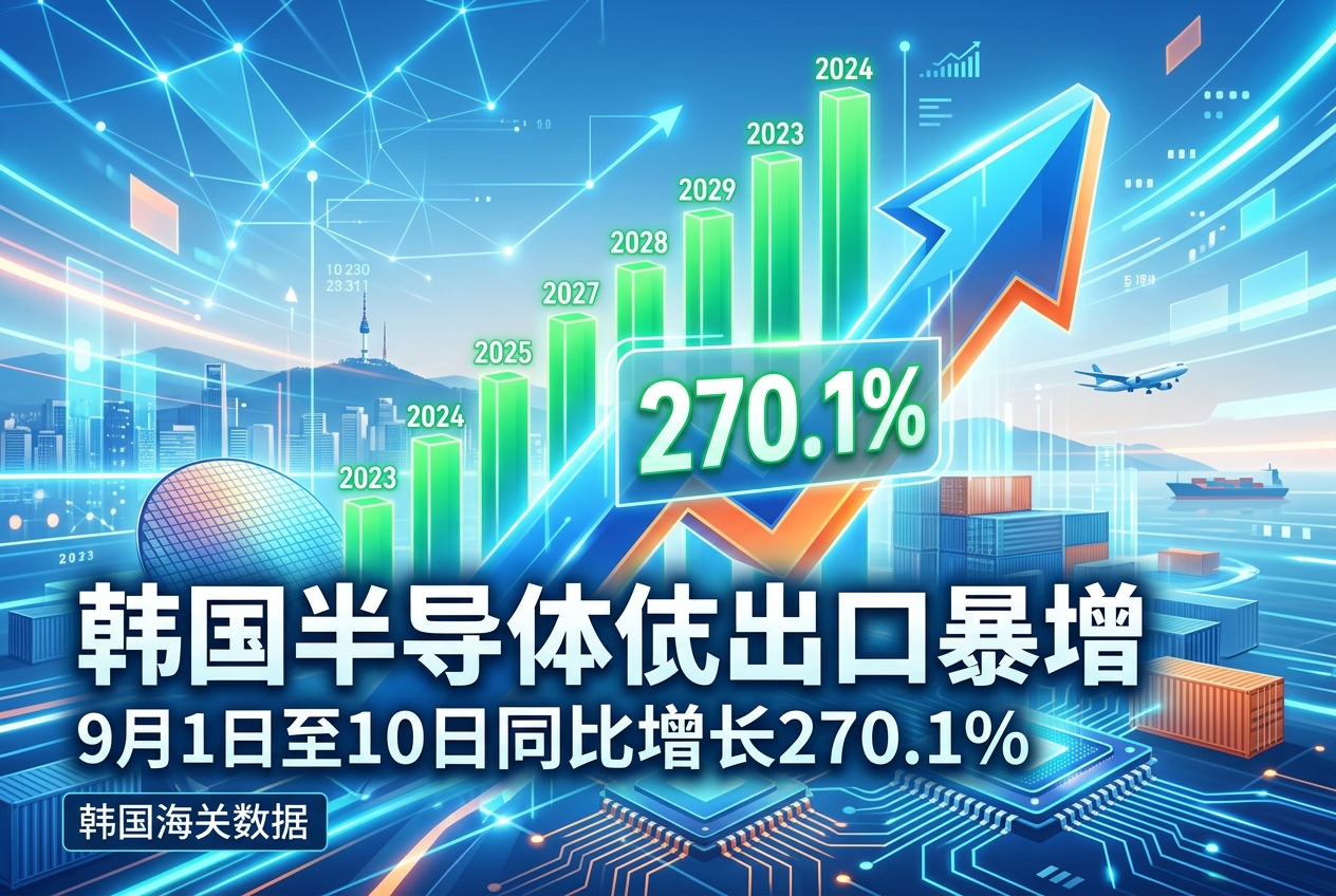 韩国海关数据：9月1日至10日半导体出口同比增长270.1%