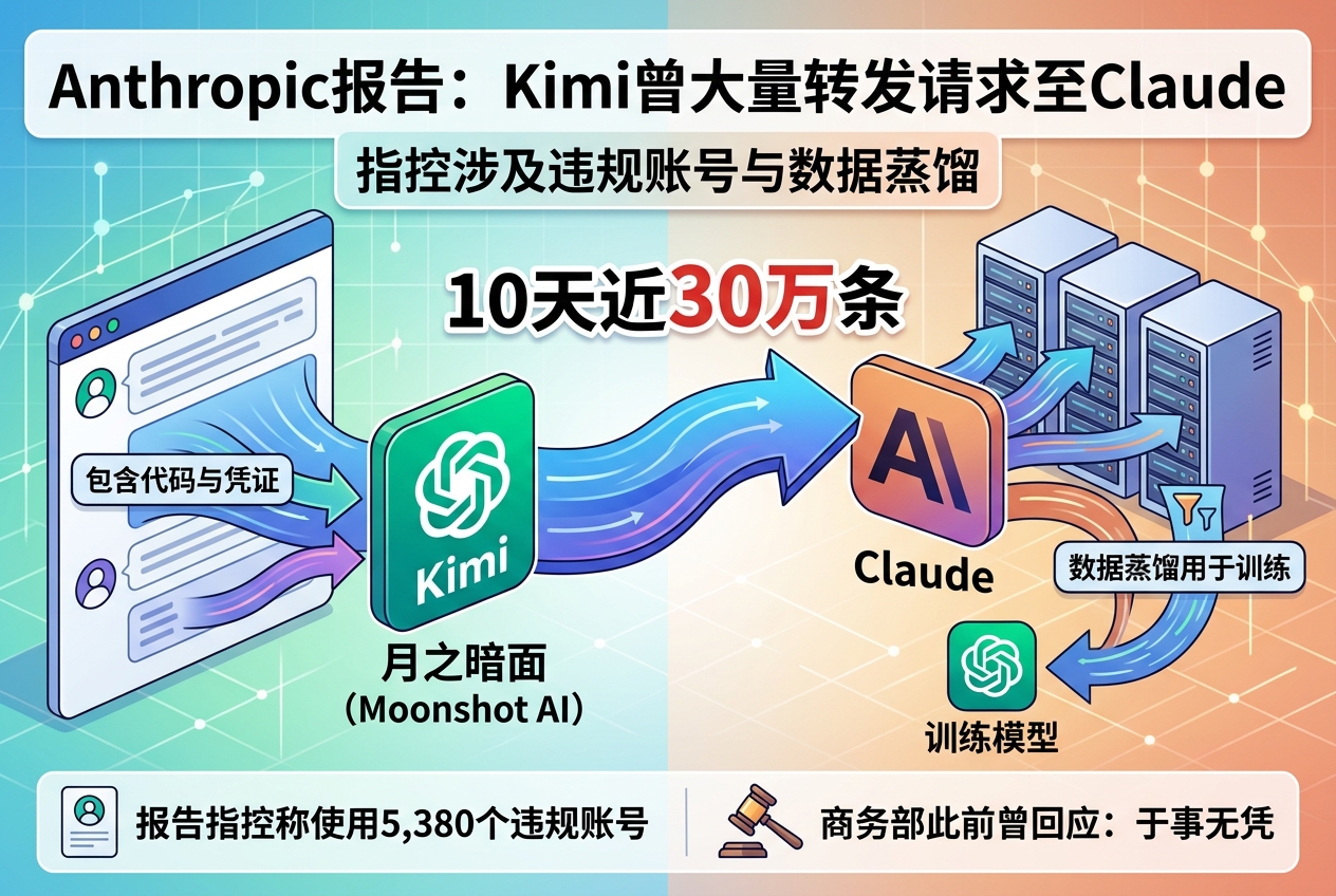 Anthropic 称 Kimi 曾转发用户请求至 Claude:10 天近 30 万条
