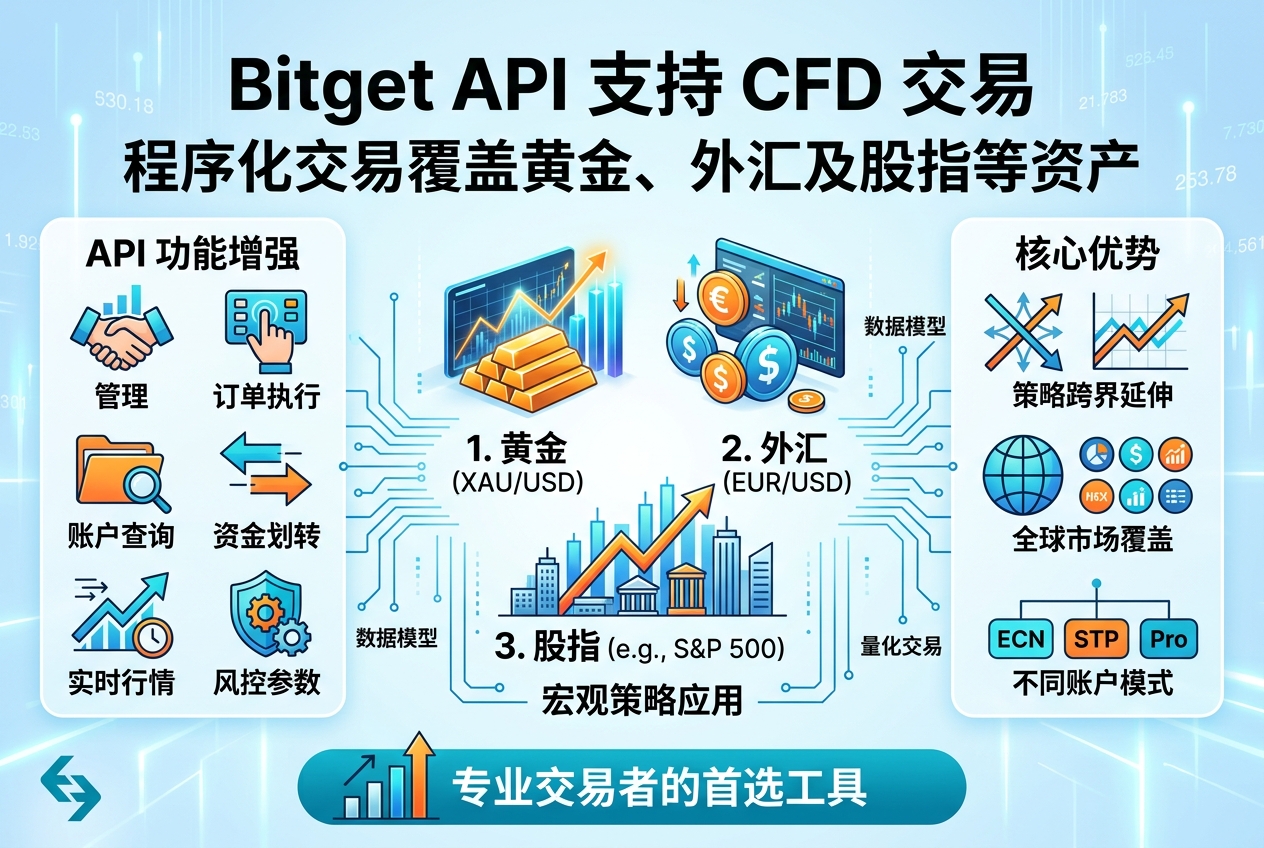 Bitget API 支持 CFD 交易，覆盖黄金、外汇及股指等资产