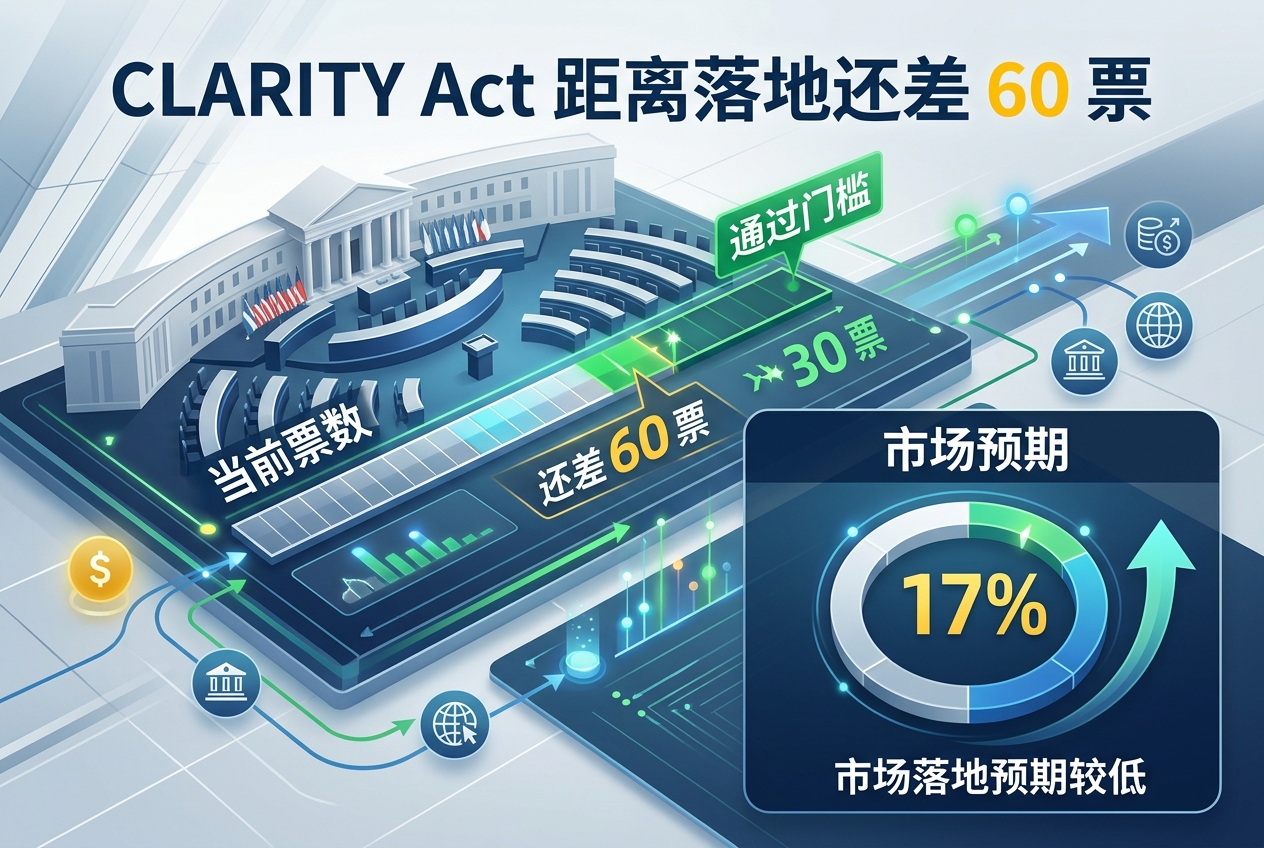 CLARITY Act 距离落地还差 60 票，市场预期仅 17%