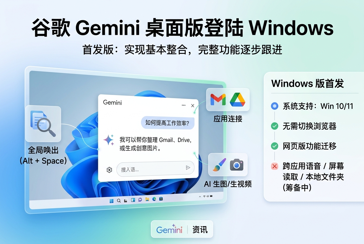 谷歌推出 Gemini Windows 桌面 App，首发版与网页版差别不大