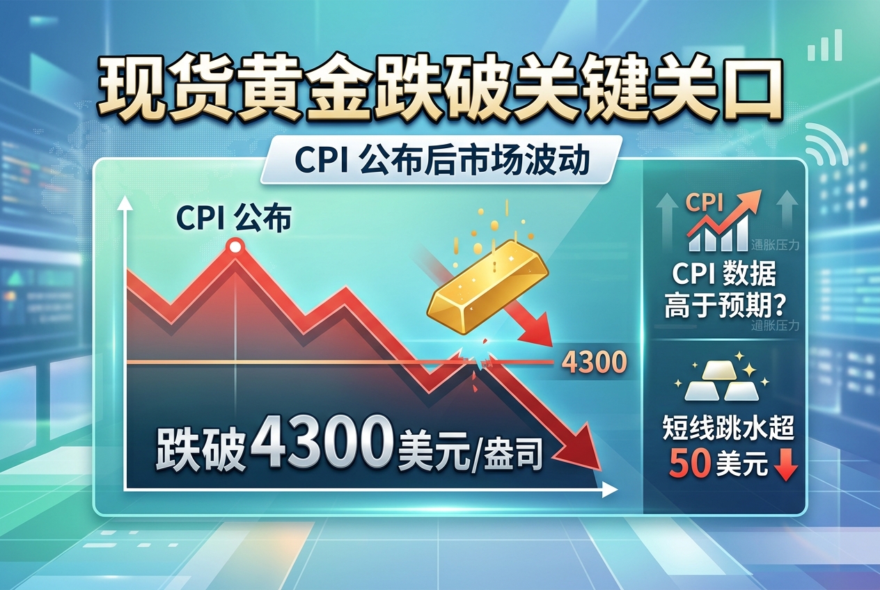 CPI 公布后，现货黄金跌破 4300 美元/盎司关口