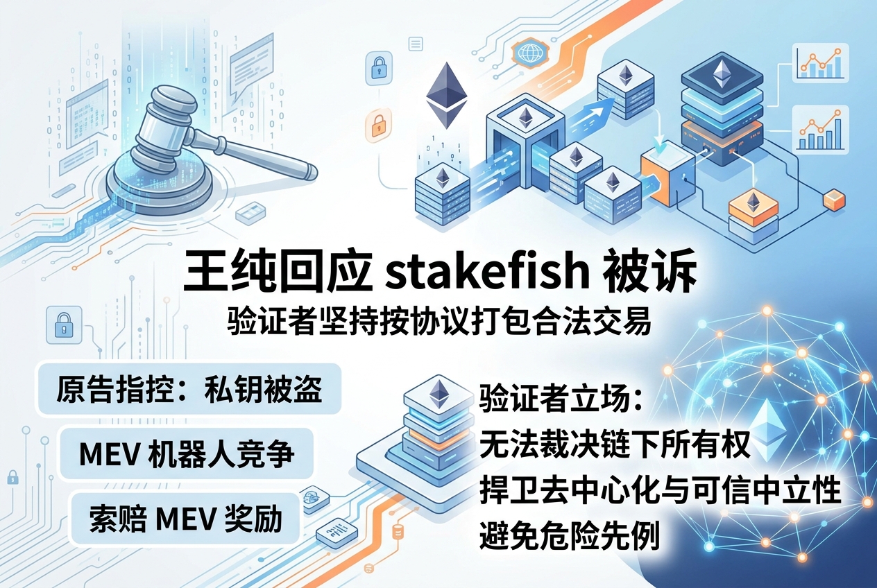 王纯回应 stakefish 被诉:验证者仅按协议打包合法交易,无法裁决链下所有权