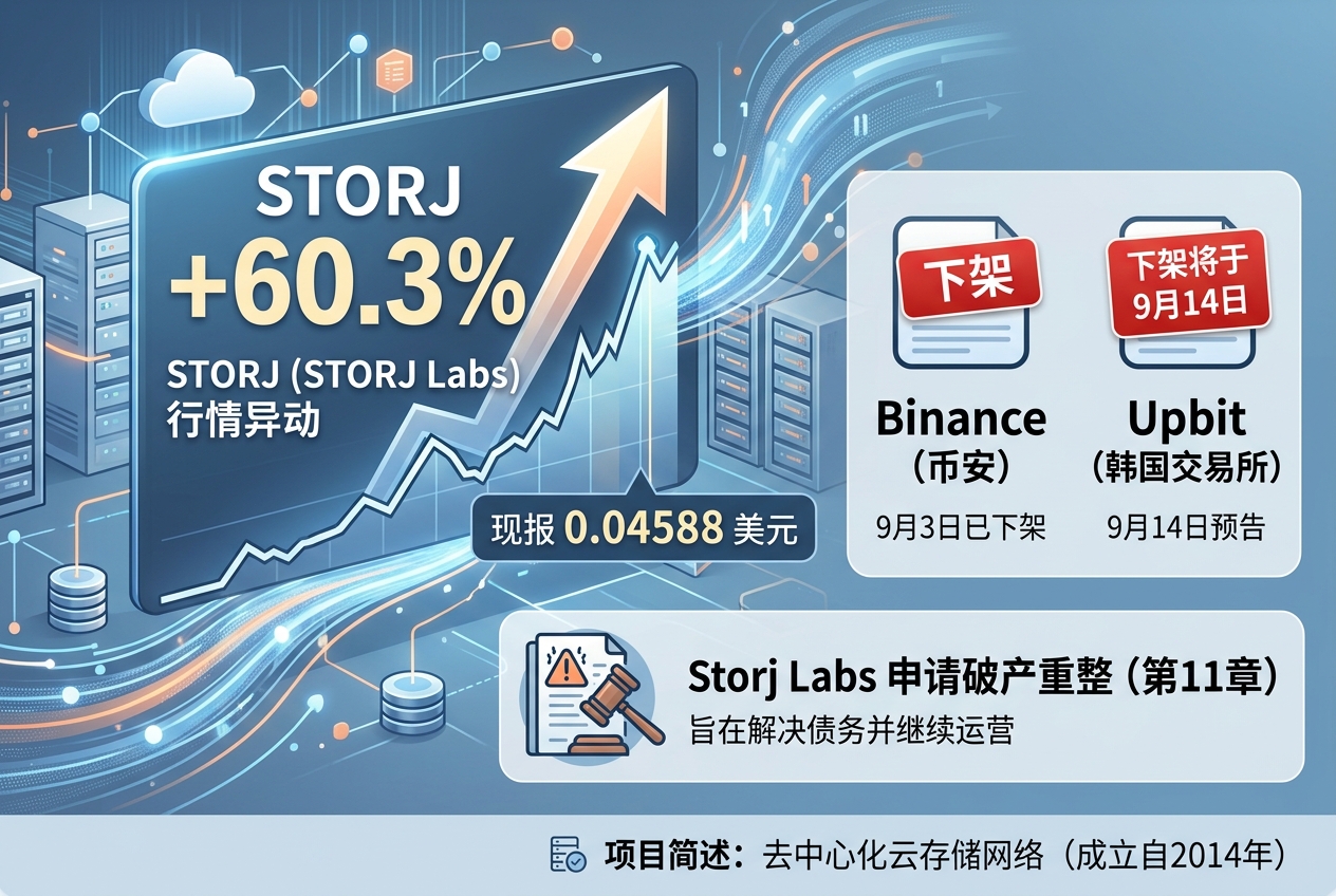 STORJ 近 24 小时大涨 60.3%,Binance、Upbit 均对其下架