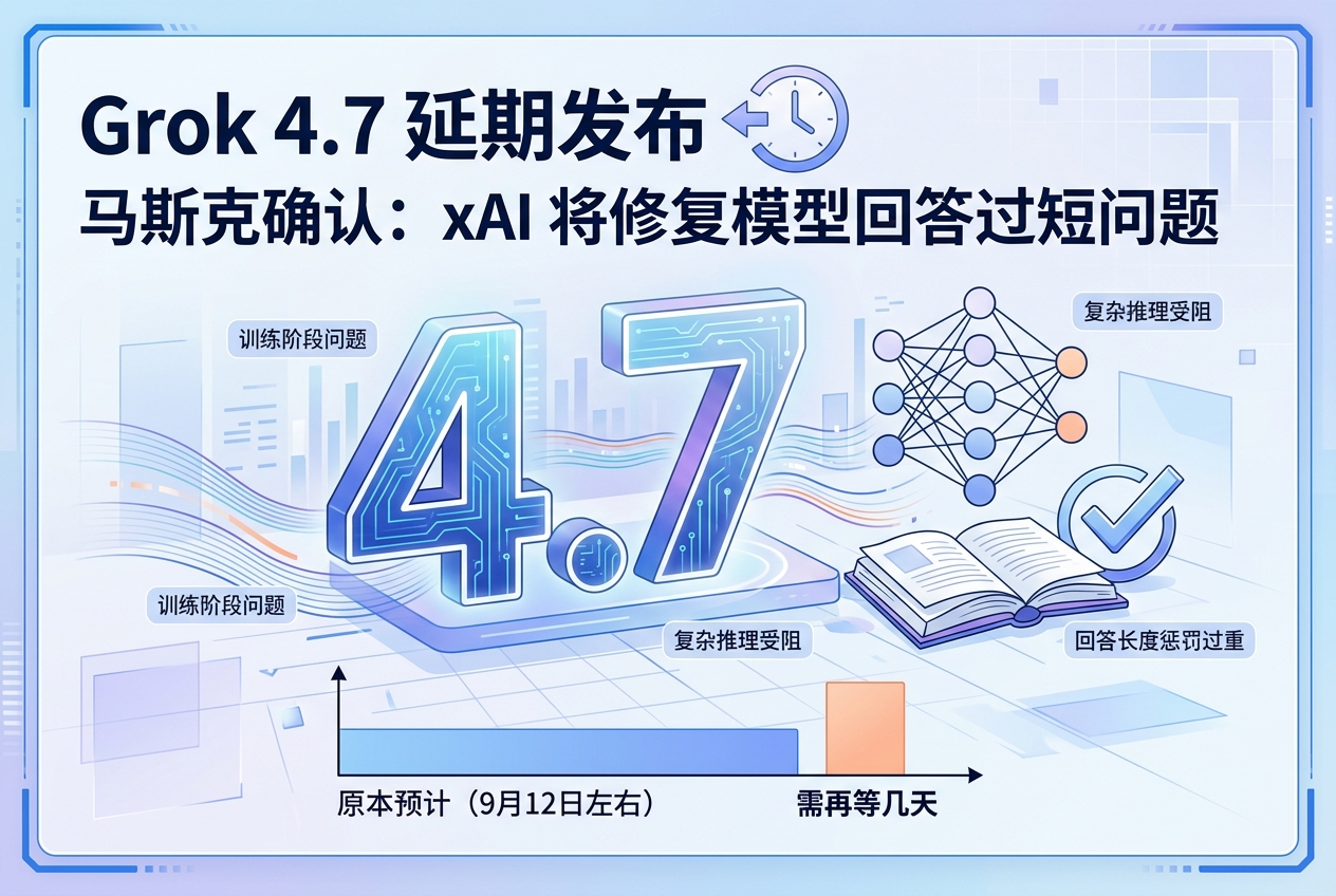 Grok 4.7 或将延期：马斯克称训练时对回答长度惩罚过重