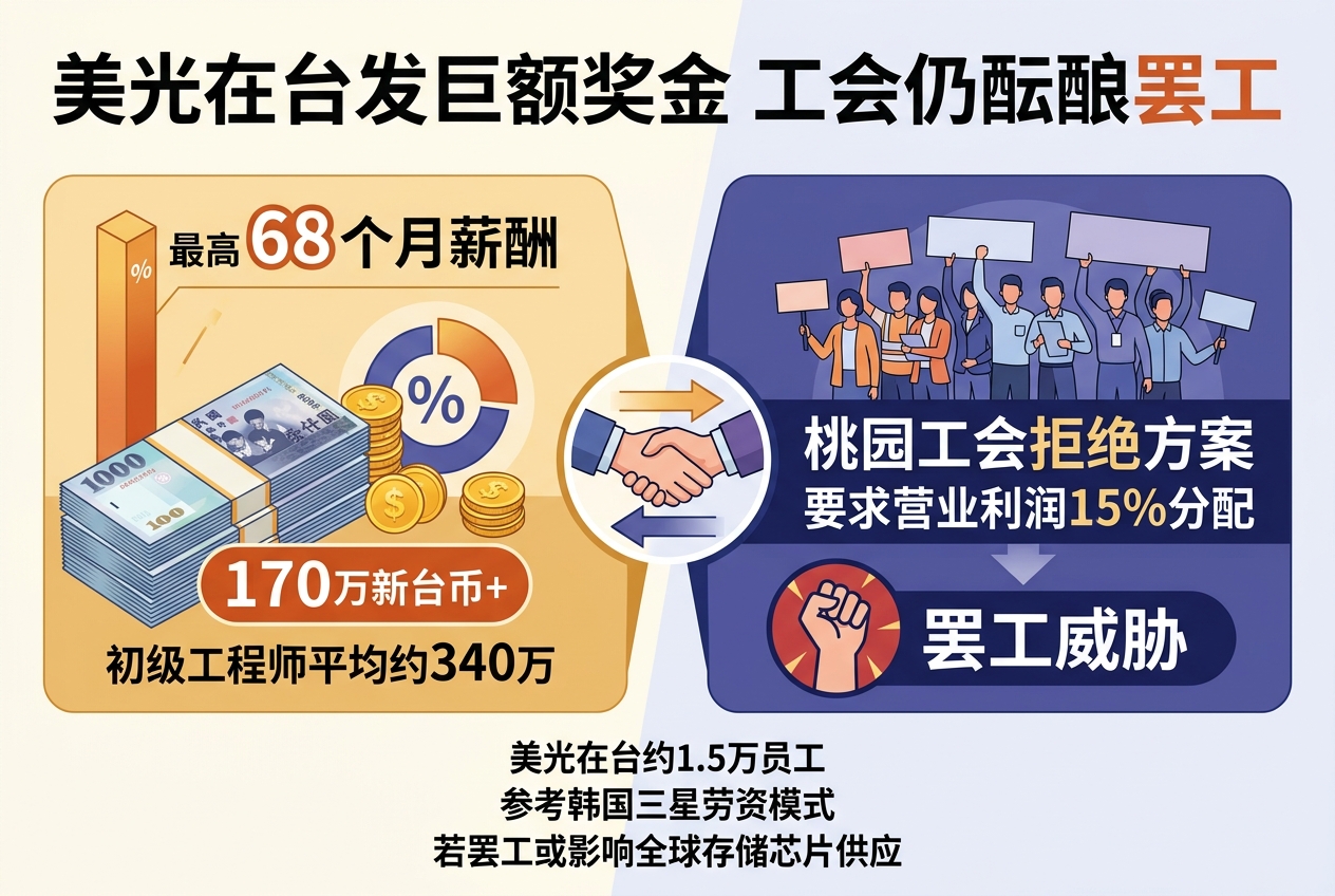 美光最高发放相当于68个月薪酬的奖金,中国台湾地区工会仍威胁罢工