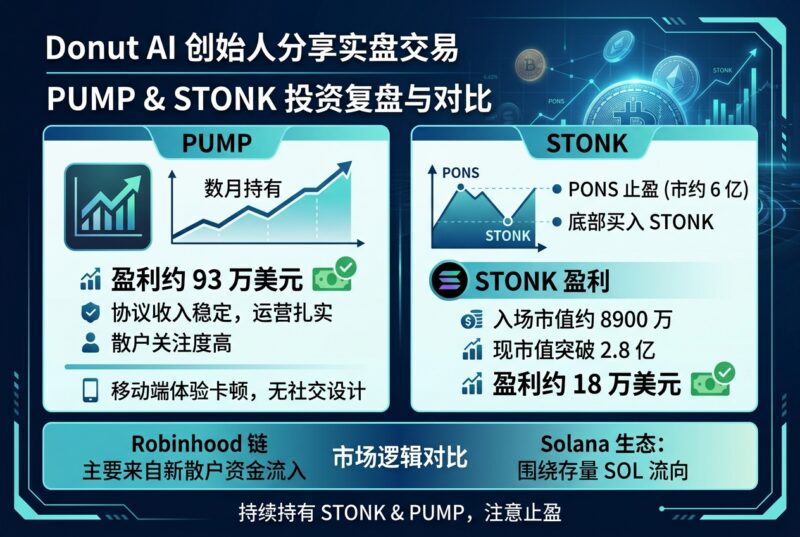Donut AI 创始人 Chris 分享近期交易:PUMP 盈利约 93 万美元,STONK 盈利约 18 万美元-指挥使社区 - 真实线索、热点议题与深度观察