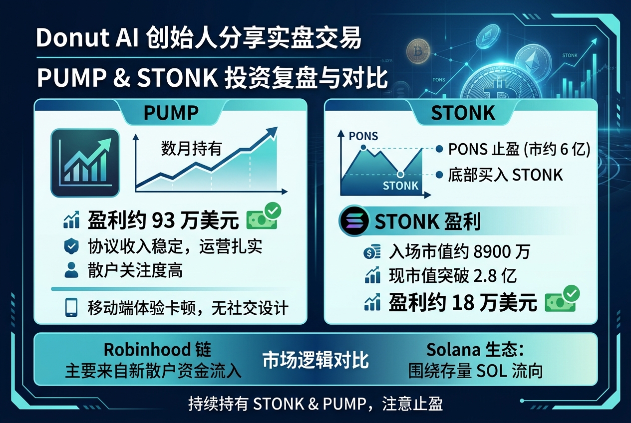 Donut AI 创始人 Chris 分享近期交易:PUMP 盈利约 93 万美元,STONK 盈利约 18 万美元