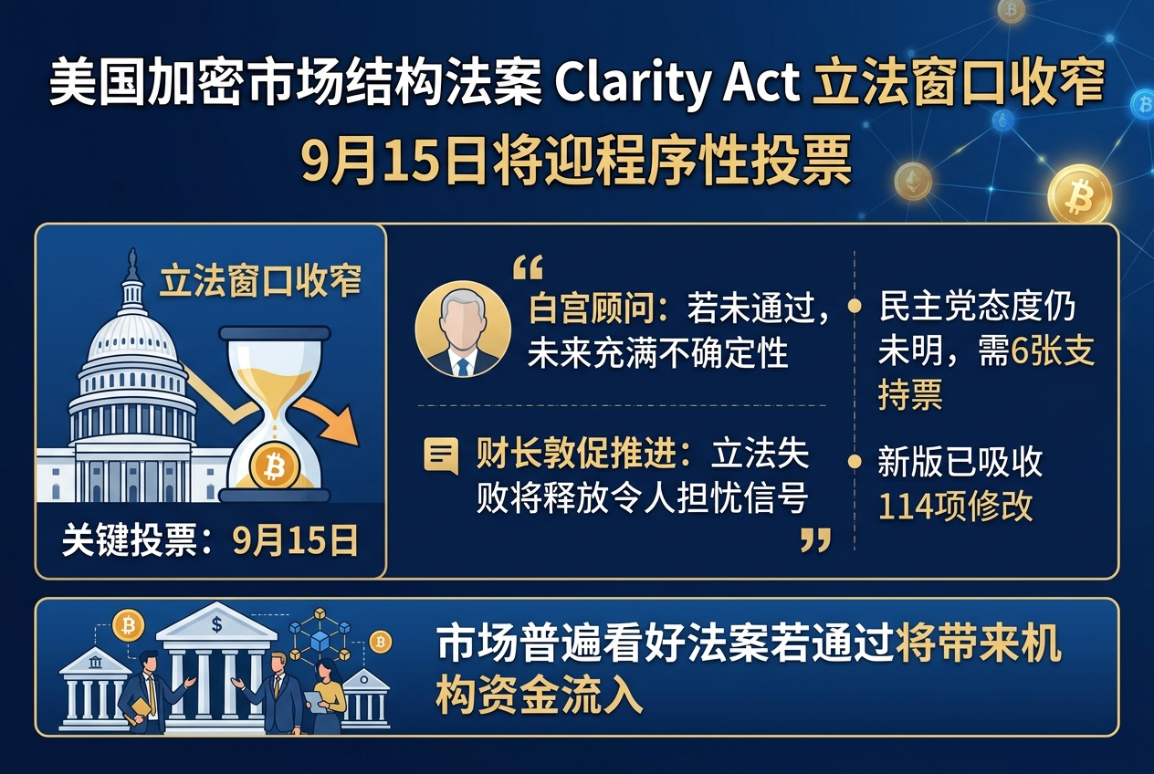 白宫加密顾问:Clarity Act立法窗口收窄,9月15日将迎程序性投票