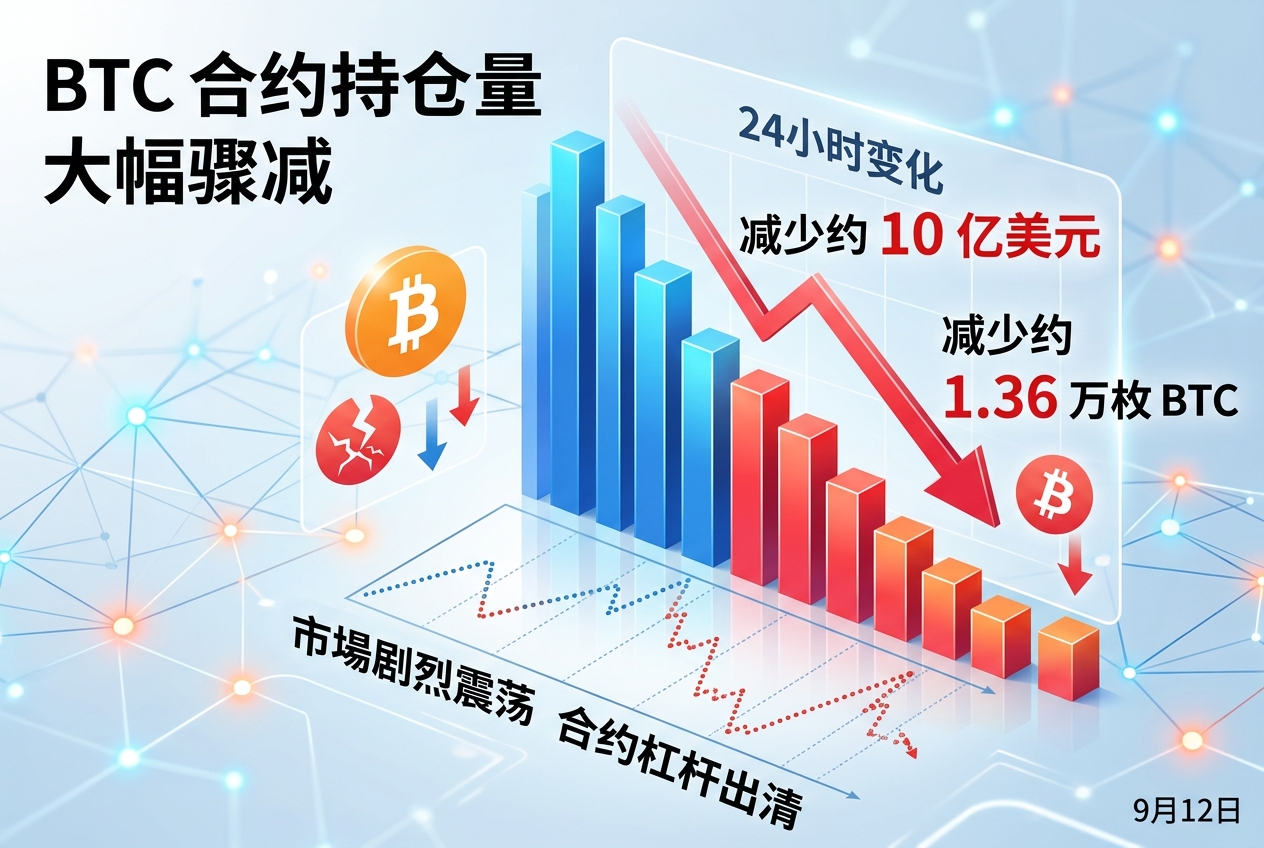 比特币合约持仓量 24 小时减少约 10 亿美元