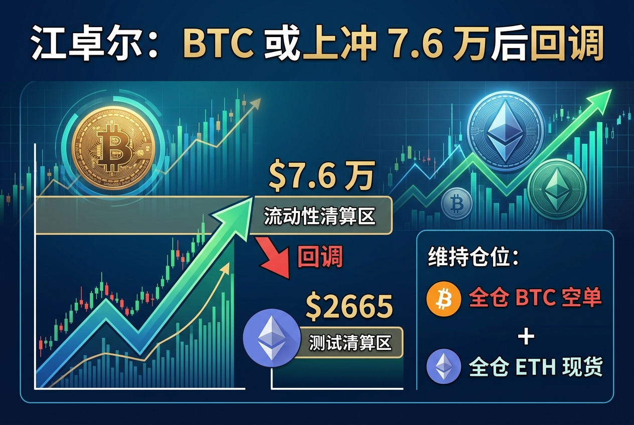 江卓尔：比特币或上冲至 7.6 万美元后回调，维持全仓比特币空单与以太坊现货