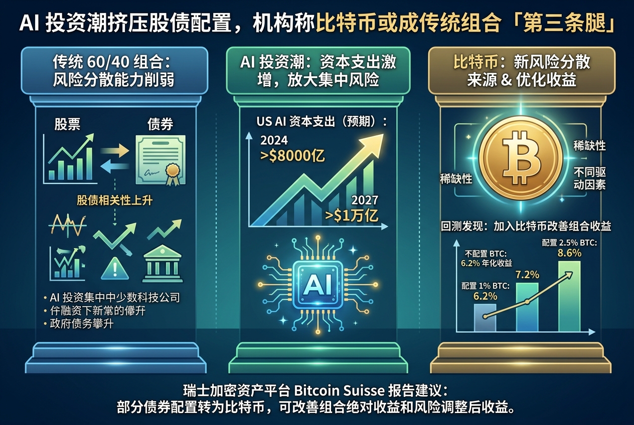AI 投资潮挤压股债配置，机构称比特币或成传统组合「第三条腿」