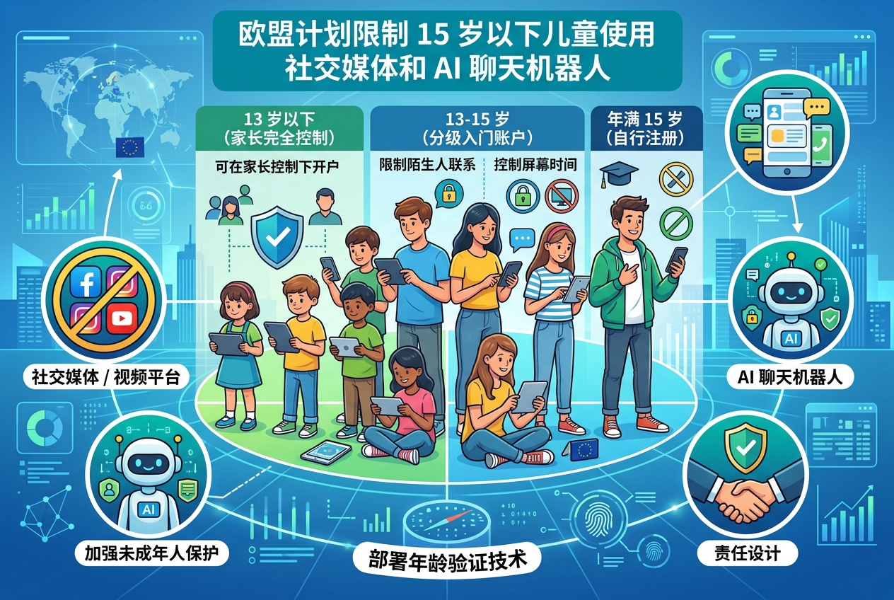 欧盟计划限制 15 岁以下儿童使用社交媒体和 AI 聊天机器人