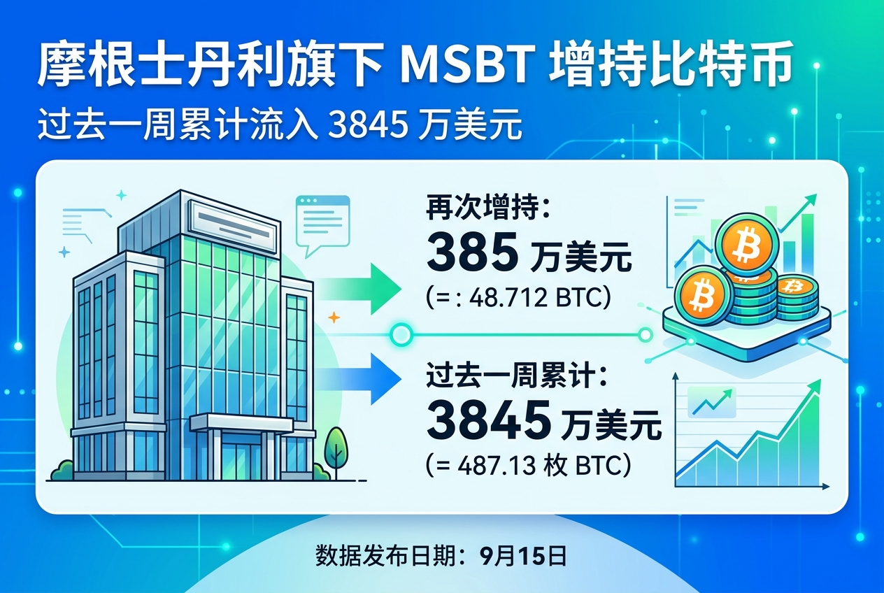 摩根士丹利旗下 MSBT 再次增持 385 万美元比特币,过去一周累计流入 3845 万美元