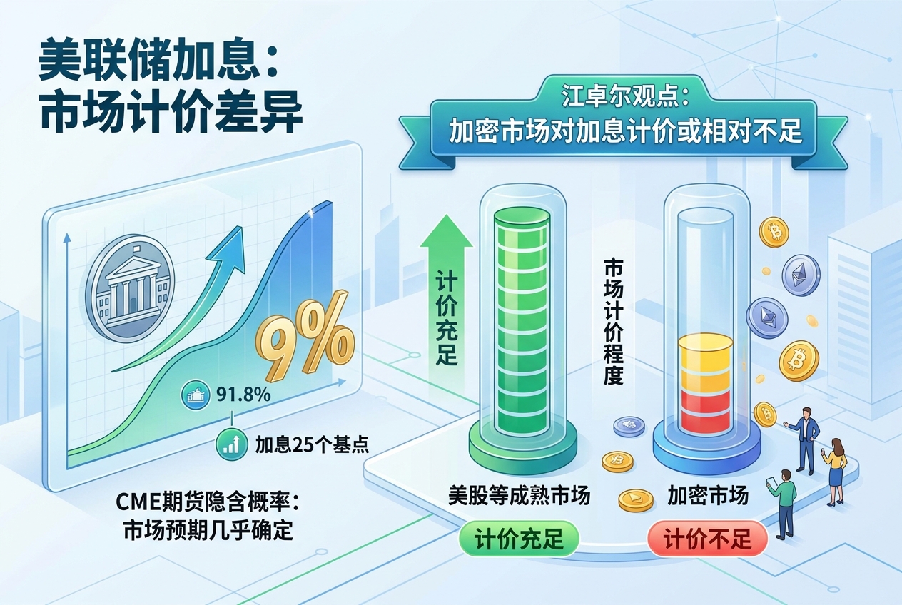 江卓尔:美联储加息已被美股等成熟市场计价,加密市场计价或相对不足