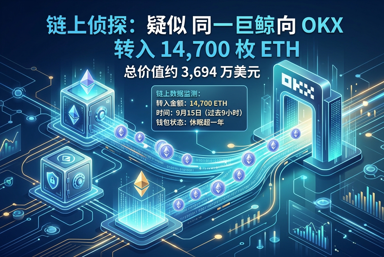 链上侦探|疑似属于同一巨鲸的两个钱包向 OKX 转入 14,700 枚 ETH