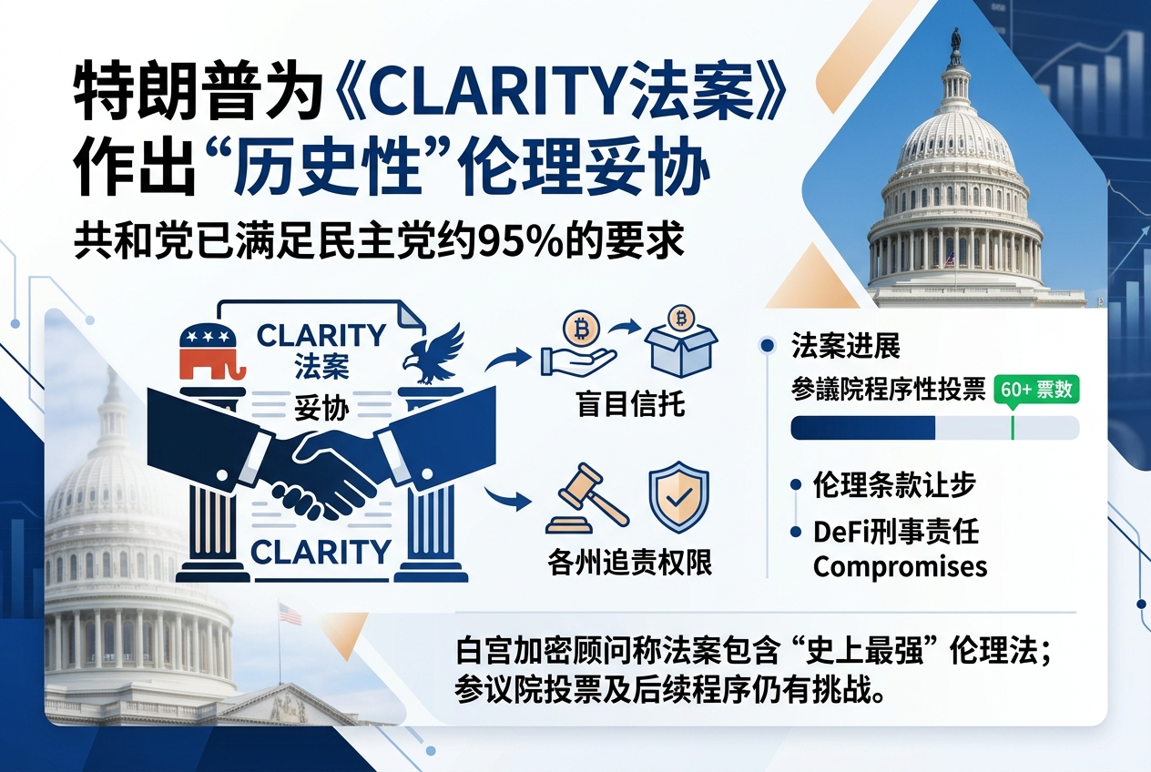 白宫加密顾问:特朗普为《CLARITY 法案》作出“历史性”伦理妥协,共和党已满足民主党约 95% 的要求