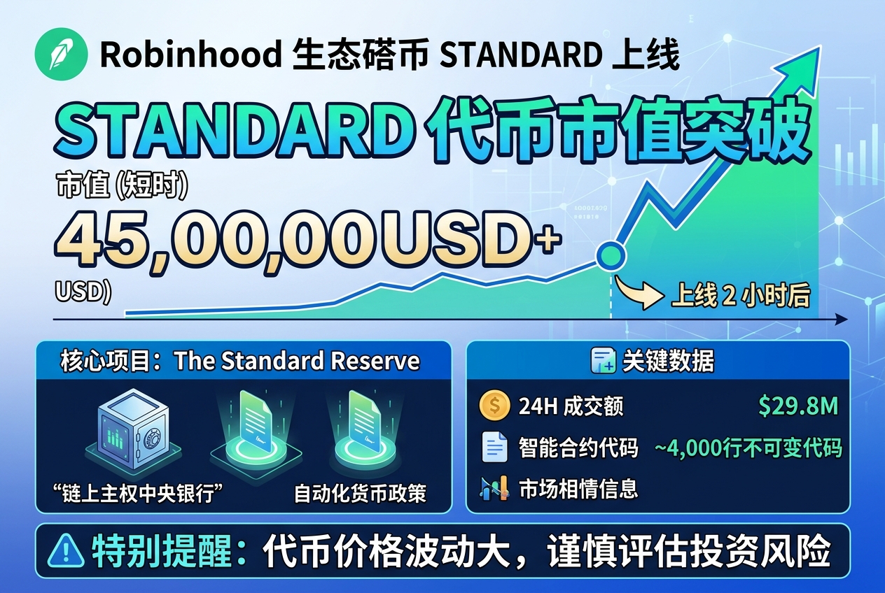 Robinhood 链生态代币 STANDARD 市值短时突破 4500 万美元