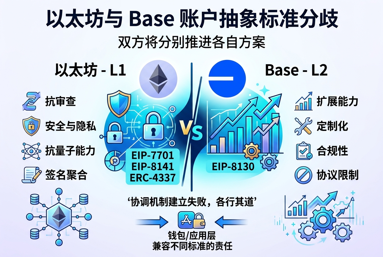 以太坊与 Base 未能就账户抽象标准达成统一,将分别推进各自方案
