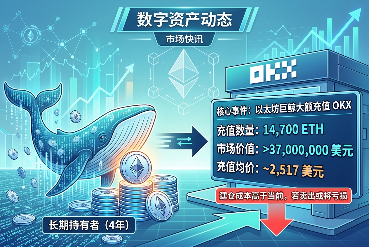 持有超4年的以太坊鲸鱼向OKX存入14,700枚ETH，或将割肉出局