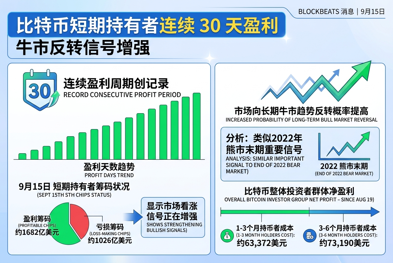 比特币短期持有者连续 30 天盈利,牛市反转信号增强