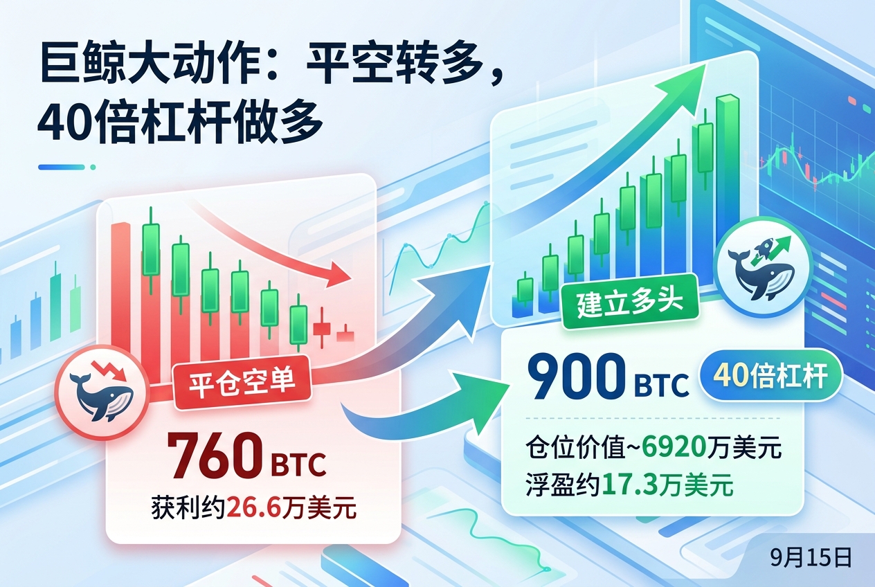 某巨鲸平仓760枚 BTC 空单后转多,以40倍杠杆做多900枚 BTC