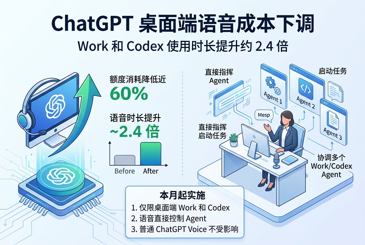 ChatGPT 桌面端语音成本下调,Work 和 Codex 使用时长提升约 2.4 倍