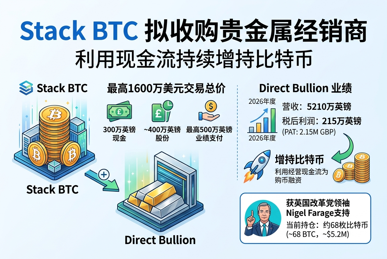 Stack BTC拟以最高1600万美元收购贵金属经销商，以现金流增持比特币