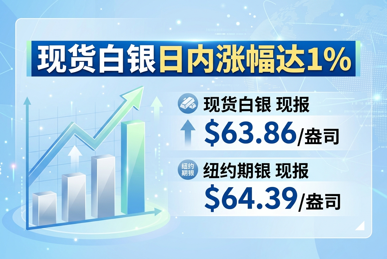 现货白银日内涨幅达1%，现报63.86美元