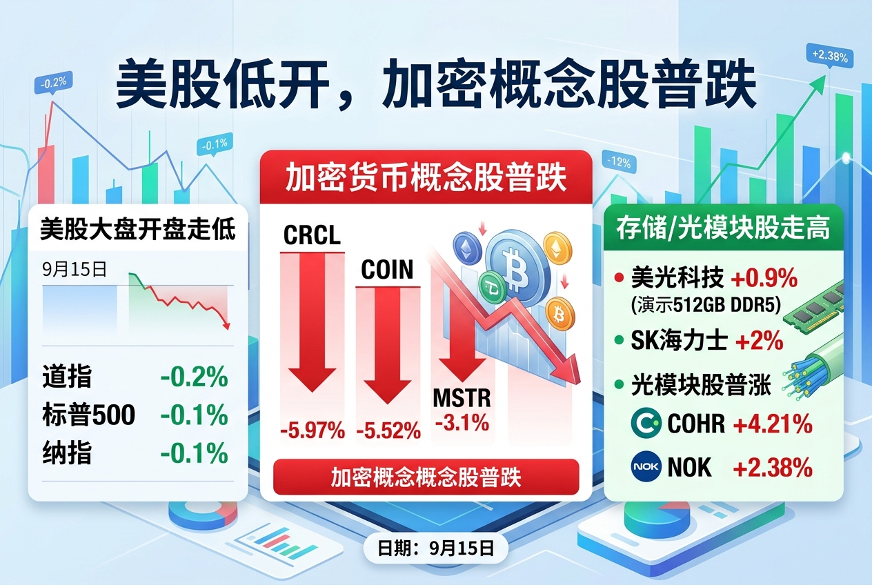 美股低开,加密货币概念股普跌,CRCL 跌 5.97%