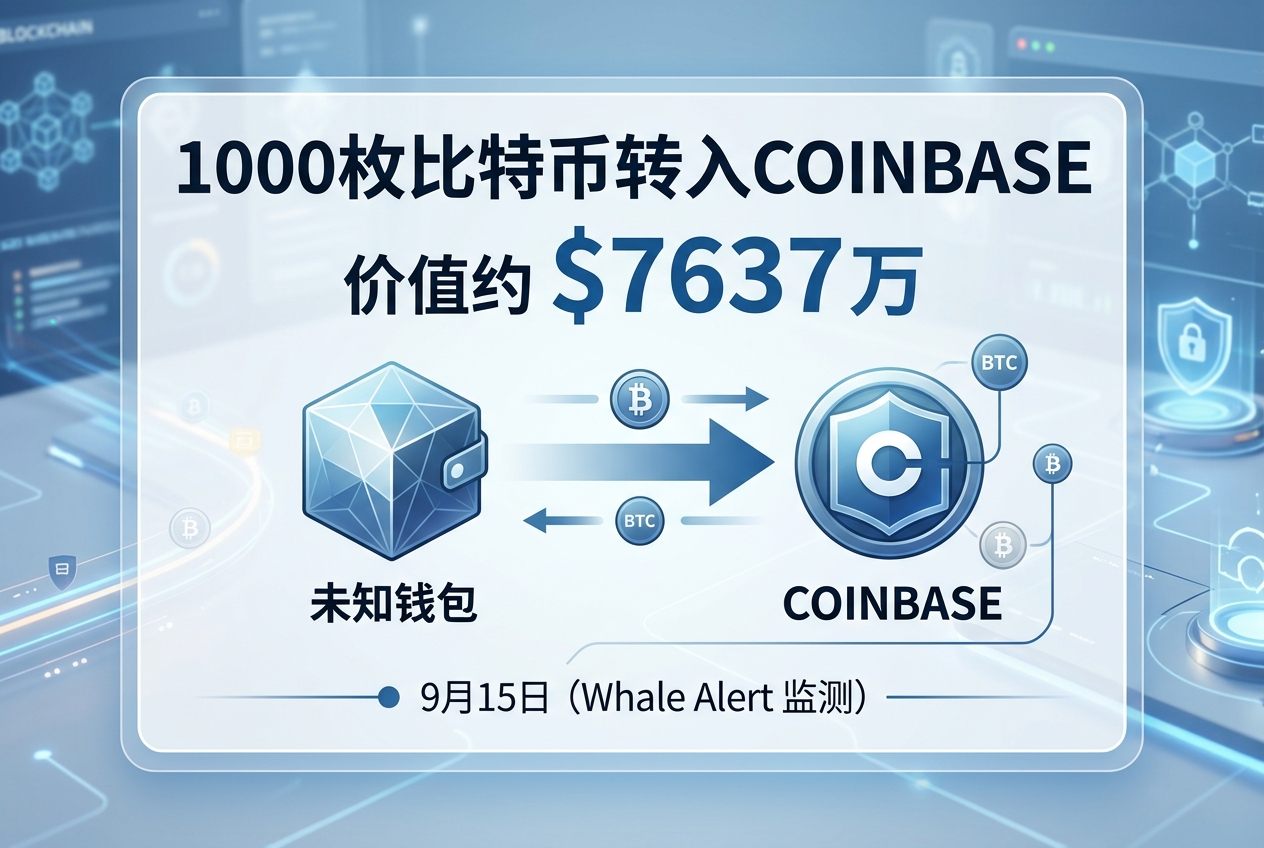1000 枚比特币从未知钱包转入 Coinbase，价值约 7637 万美元