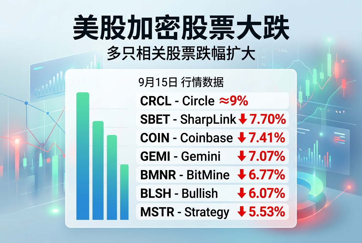 美股加密货币相关股票跌幅扩大，CRCL 跌约 9%