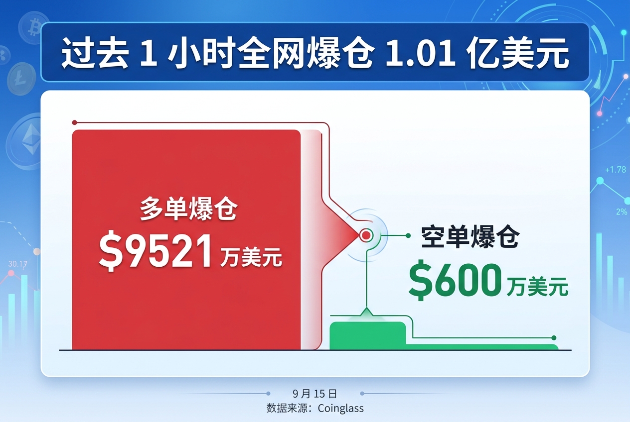 过去 1 小时全网爆仓 1.01 亿美元,多单占主导